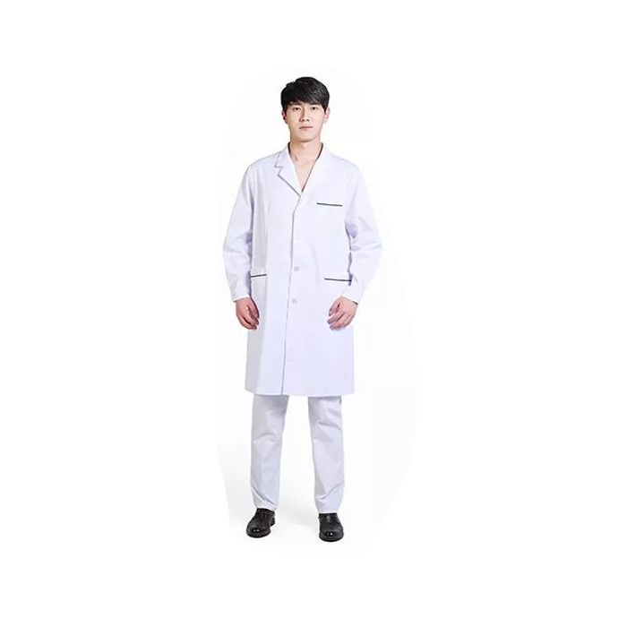 BC012-M-CB 男式长款长袖白大褂薄款(胸前口袋，口袋蓝边）