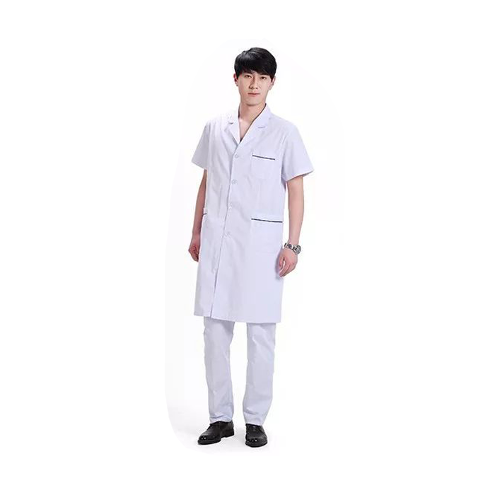 BC012-XXXL-DB 男式长款短袖白大褂薄款(胸前口袋，口袋蓝边） - Biosharp/白鲨
