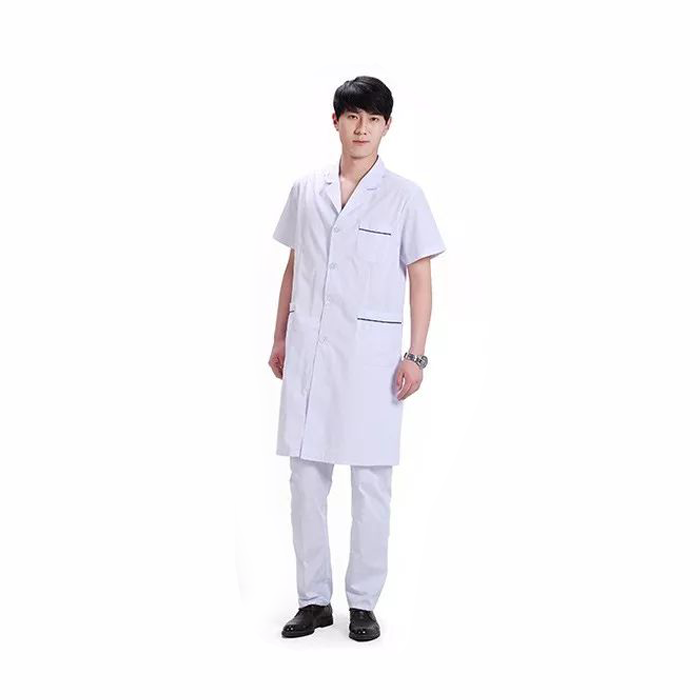BC012-S-DB 男式长款短袖白大褂薄款(胸前口袋，口袋蓝边）