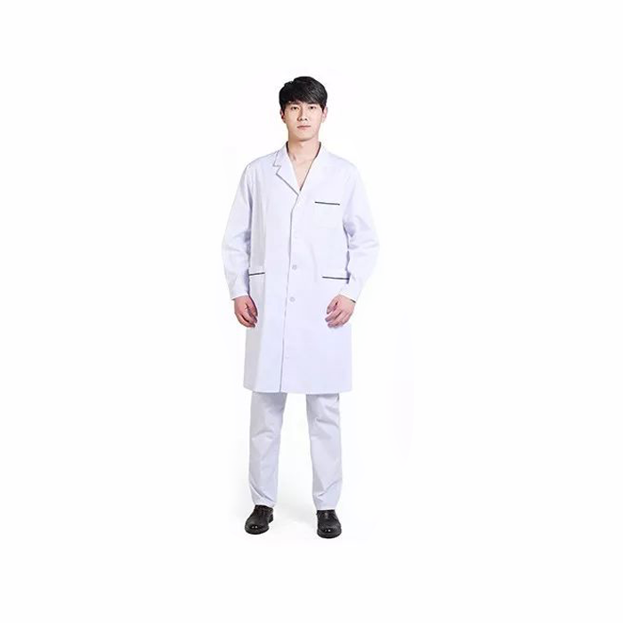 BC012-XL-CB 男式长款长袖白大褂薄款(胸前口袋，口袋蓝边)